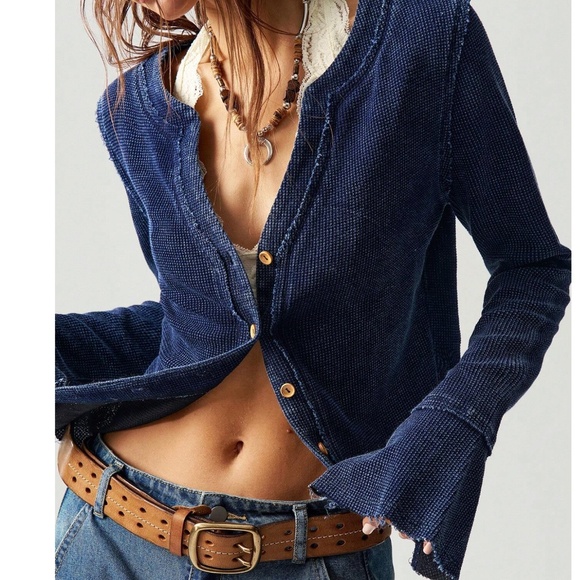 Solid Button Down Flared Raw stitch Long Sleeve Top - Picture 1 of 6